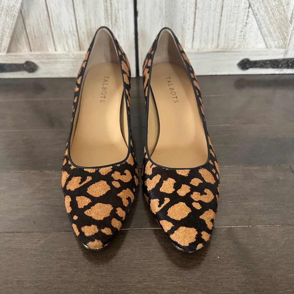 Talbots Calf Hair Leopard Print Block Heel Animal Statement Black Brown 8.5